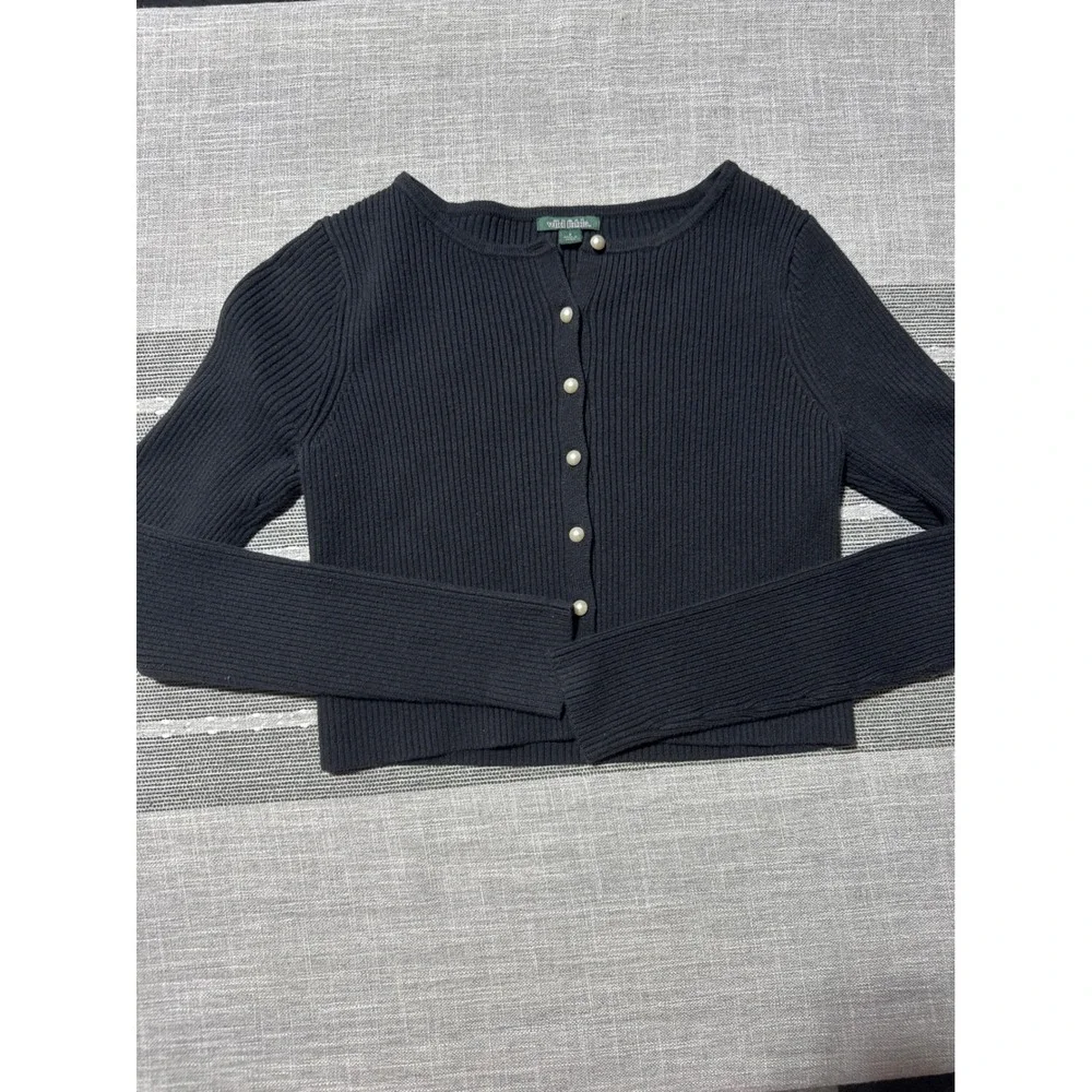 Wild Fable‎ Black Ribbed Button Up Cropped Cardigan Sweater Womens Small - Picture 2 of 6